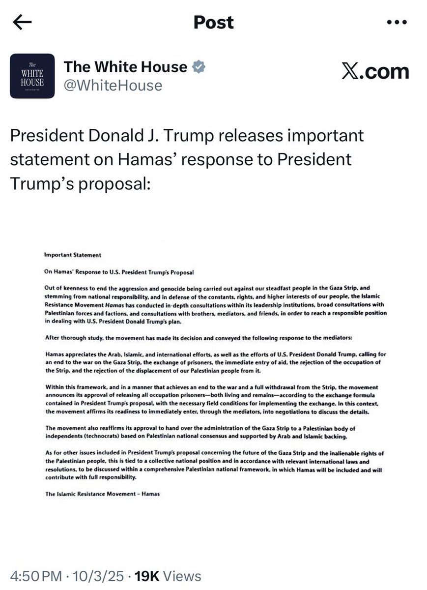 Beyaz Saray <a href="/WhiteHouse/">The White House</a> resmi hesabı az önce Hamas’ın yazılı açıklamasını olduğu gibi paylaştı, sonra hemen sildi. 

Paylaşımda Hamas’a ait, “Gazze Şeridi'nde yürütülen soykırım” ifadesi yer alıyordu.