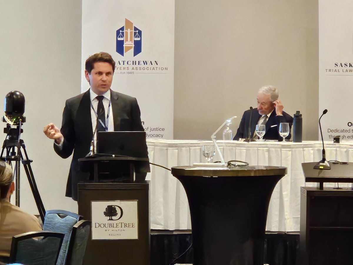 SaskTLA's tweet photo. Sean P. Watson of Willows LLP delivers the closing argument for Providential Life during the STLAs Mock Trial of case: Dixon v. Providential Life, October 3, 2025 - Regina. https://t.co/2Qb3DlHUj1