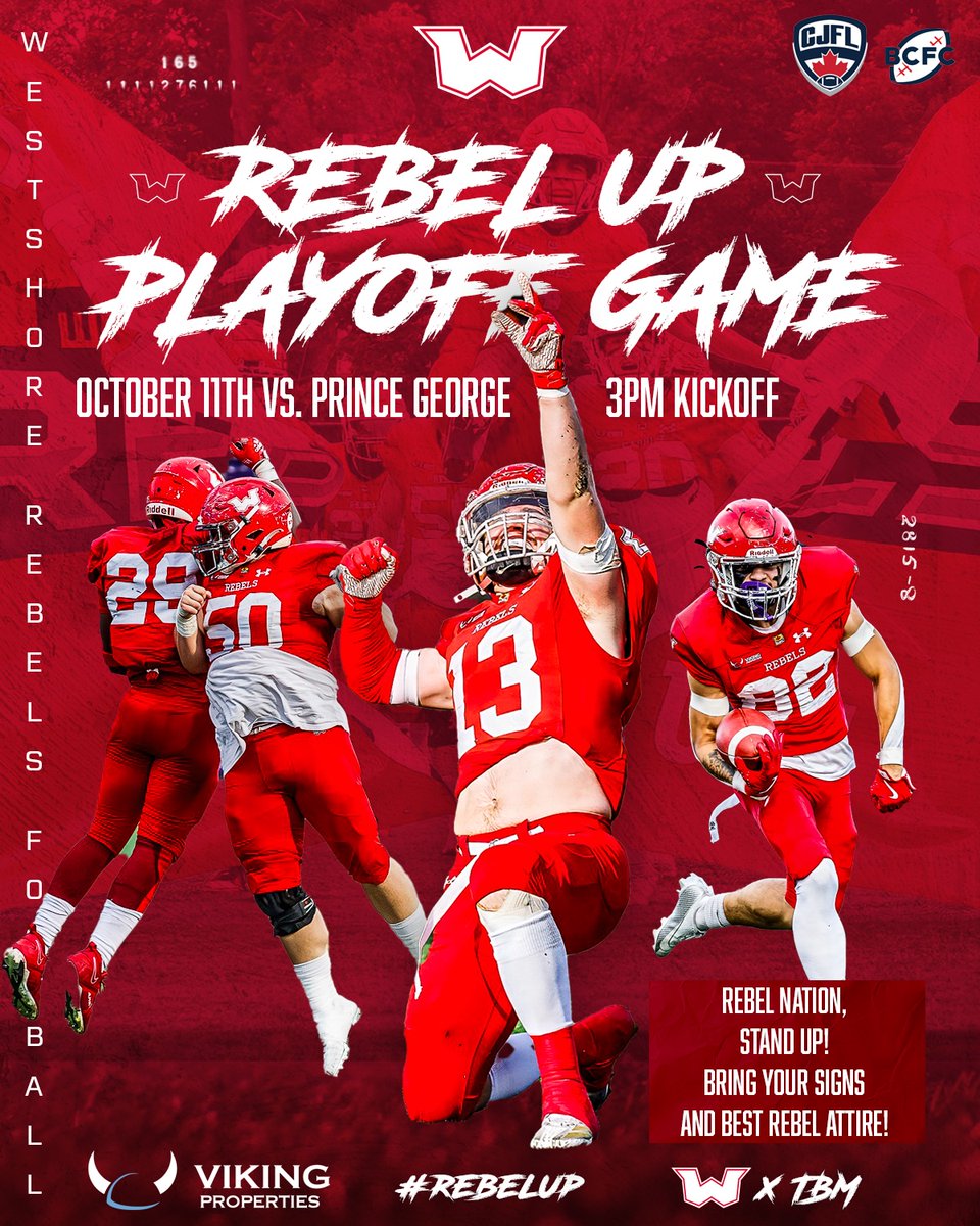 The Westshore Rebels are charging into the playoffs, and we need YOU in the stands to turn Starlight Stadium into a wall of red and bring the noise!
Join us Saturday, October 11 at 3 PM for the most important game of the season as we battle the Prince George Kodiaks #RebelUp