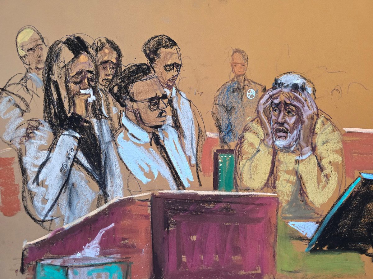 courtroom_art's tweet photo. There have been four courtroom sketches released so far from the Sean "Diddy" Combs sentencing hearing today. Three by Jane Rosenberg and one by Elizabeth Williams. https://t.co/EyYQPbhebu