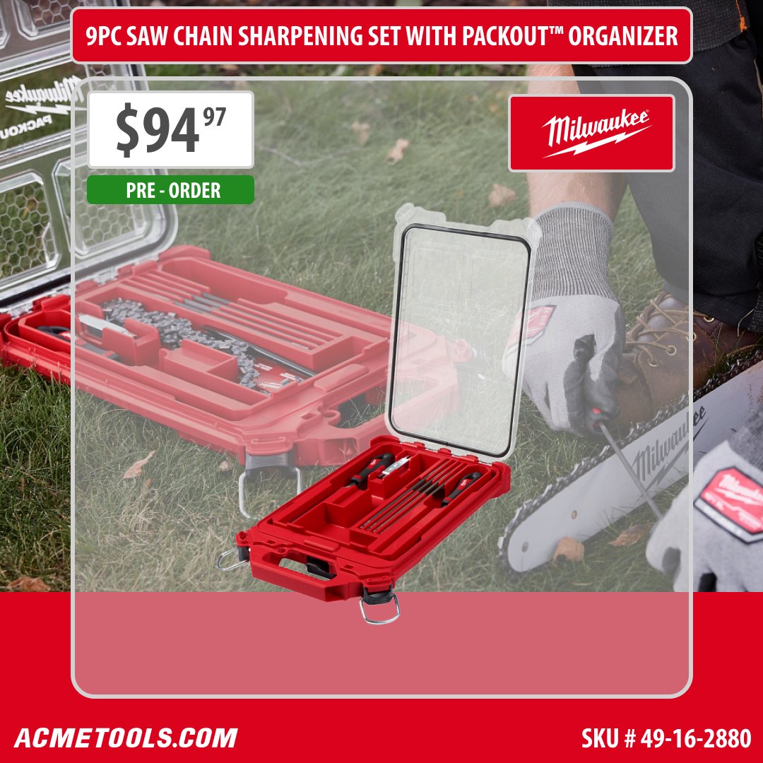 New from MILWAUKEE®! The 9pc Saw Chain Sharpening Set with PACKOUT™ Low-Profile Compact Organizer is the ultimate organization solution that offers fast, efficient sharpening.

Some features include:
- Fast Sharpening: Milwaukee Round Files are designed for rapid filing,