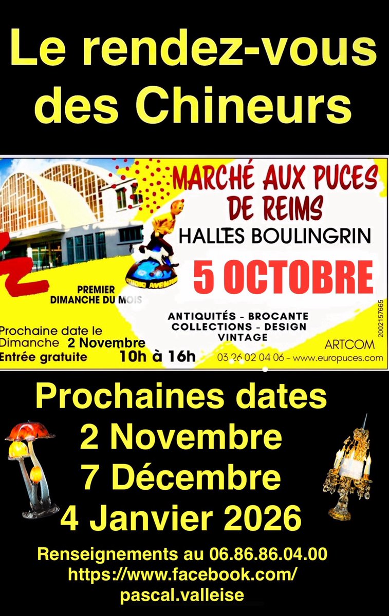 PascalValleise's tweet photo. BONJOUR A TOUS MES AMIS CHINEURS ET CHINEUSES 
VENEZ NOMBREUX LE PREMIER DIMANCHE DU MOIS (SAUF AOÛT) AUX PUCES DE REIMS HALLES  AUX COUVERTES DU  BOULINGRIN  
PROCHAIN RENDEZ VOUS LE 5 OCTOBRE 2025
POUR VÔTRE GPS TAPEZ PLACE DE LA REPUBLIQUE 51100 REIMS https://t.co/9zsxpnQyXC