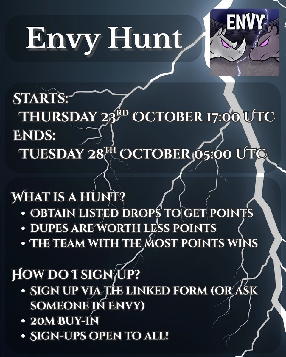 Ren_ah_ta's tweet image. 'ello beauts!!! My clan is running a hunt in a few weeks!!! It's open to everyone, so come sign upppp!

Join the disc for more info - discord.com/invite/osrsenvy

Tell your friends, and your friends' friends!

SIGN UP NOW, OR ELSE 🔫
