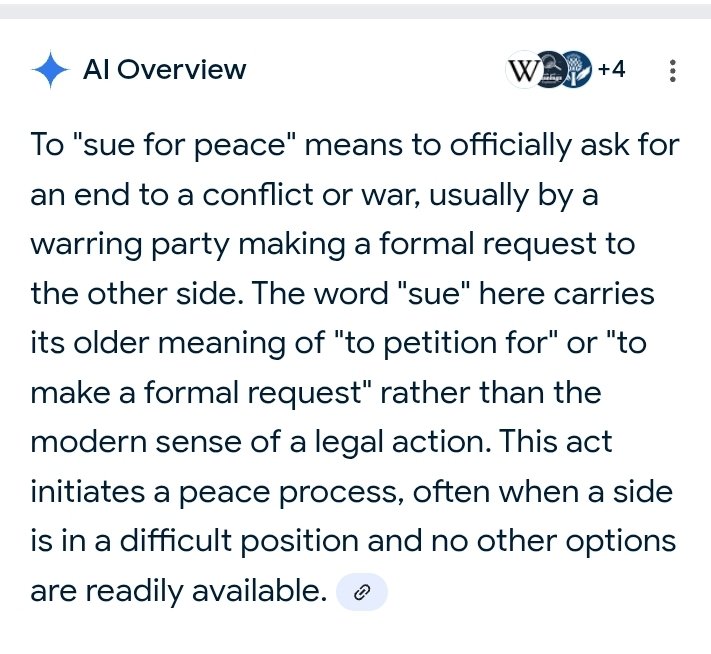 <a href="/D162Michele/">Michelle</a> Maybe you are being sarcastic, but Just in case you aren't, "sue for peace" is an olf school obscure geopolitical phrase meaning giving up on coercion and asking for a peaceful coexistence.