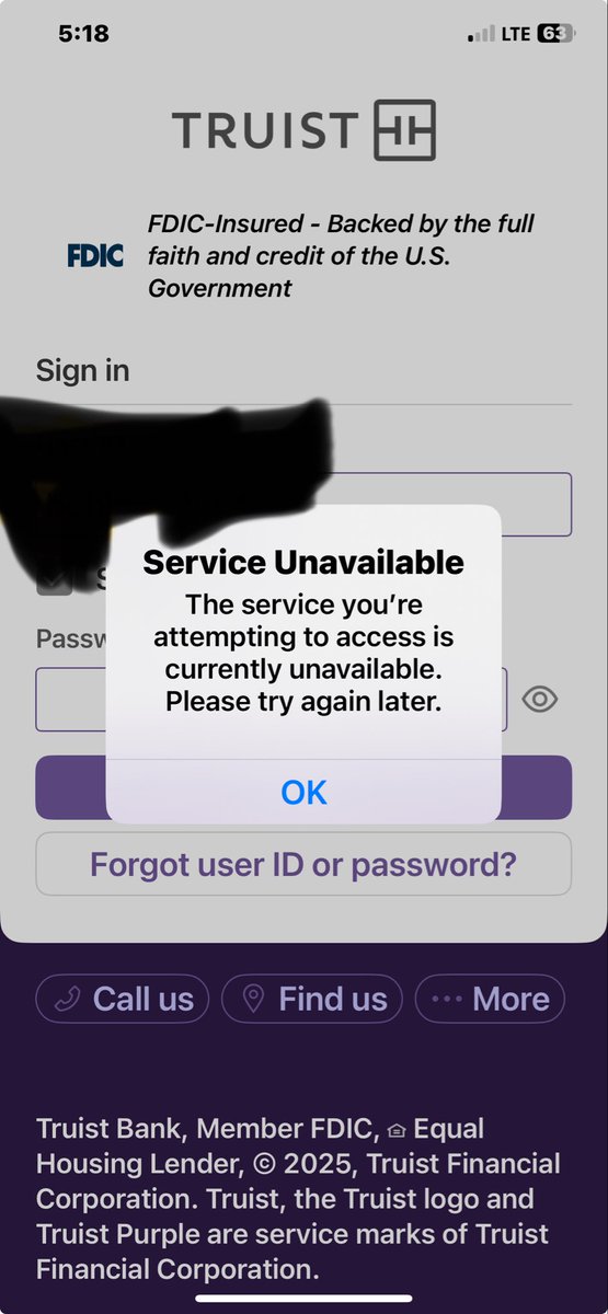bobbyjsav's tweet photo. @Truist hey Suntrust, I can’t access my app. Oops, Truist. Suntrust wouldn’t have allowed this buggy app to ever be in existence. https://t.co/7ygPcuXeJt