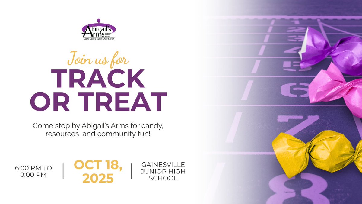 🎃 Join us for Track or Treat!

📅 Saturday, October 18
🕒 6–9 PM
📍 GJHS Track, 1201 Lindsay St., Gainesville TX

Stop by our table for candy, resources, and community fun!

#AbigailsArms #DVAM2025 #TrackOrTreat #GainesvilleTX #FamilyFun