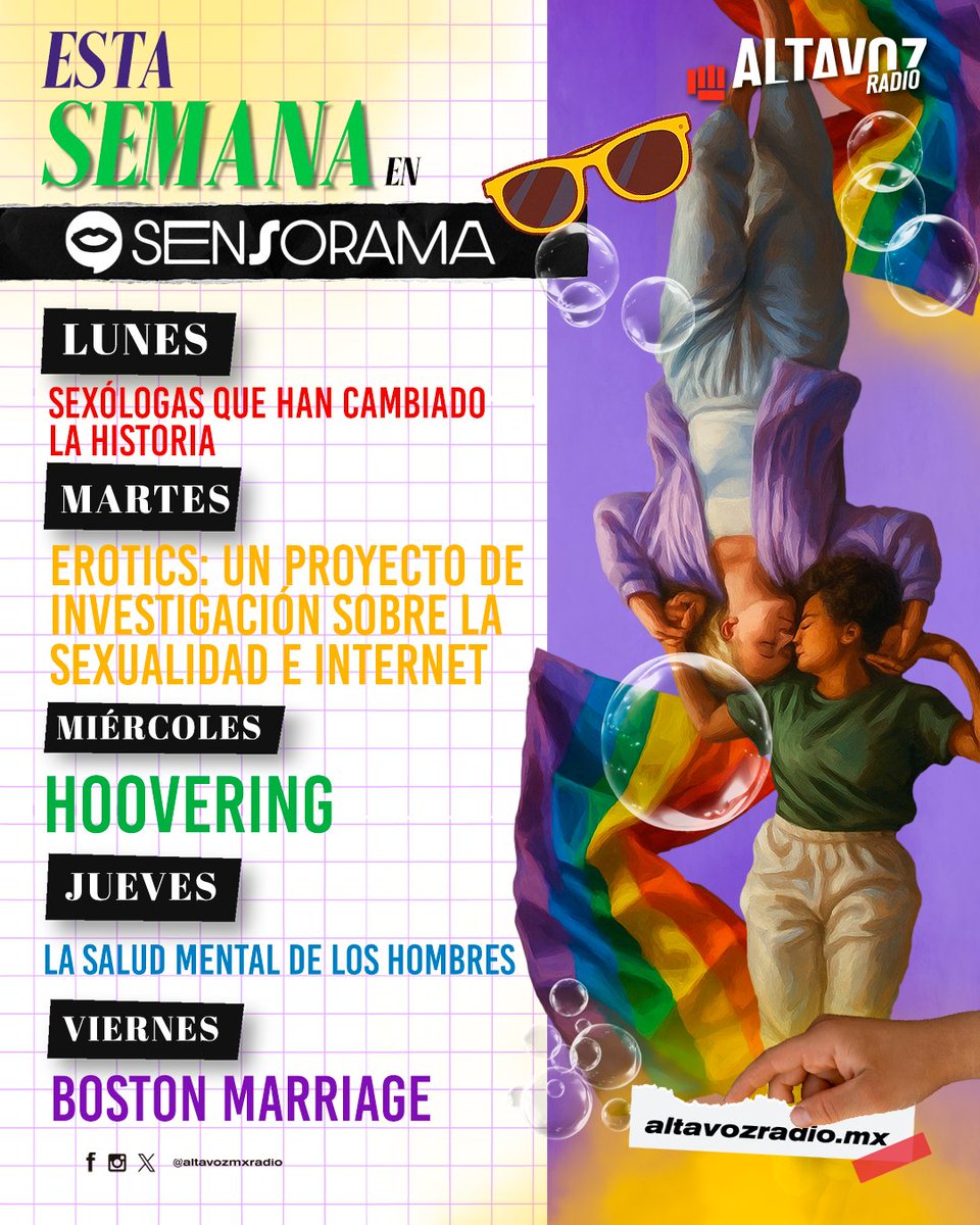 😃La importancia de visibilizar la salud mental en hombres, conocer distintas sexólogas en la historia, proyectos de sexualidad y más... son temas que se abordarán esta semana en #Sensorama😉

😄Lunes: Sexólogas que han cambiado la historia.
👀Martes: EroTICS: un proyecto de