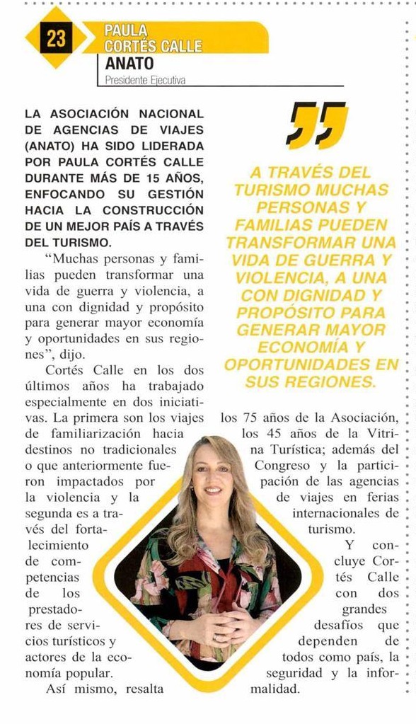 📰 100 gerentes más exitosos ANATO ha sido liderada por <a href="/PaulaCortesC/">Paula Cortés Calle</a> durante más de 15 años, enfocando su gestión hacia la construcción de un mejor país a través del turismo. 
Vía: <a href="/GerenteCo/">Revista GERENTE</a> 

#NoticiadeTurismo