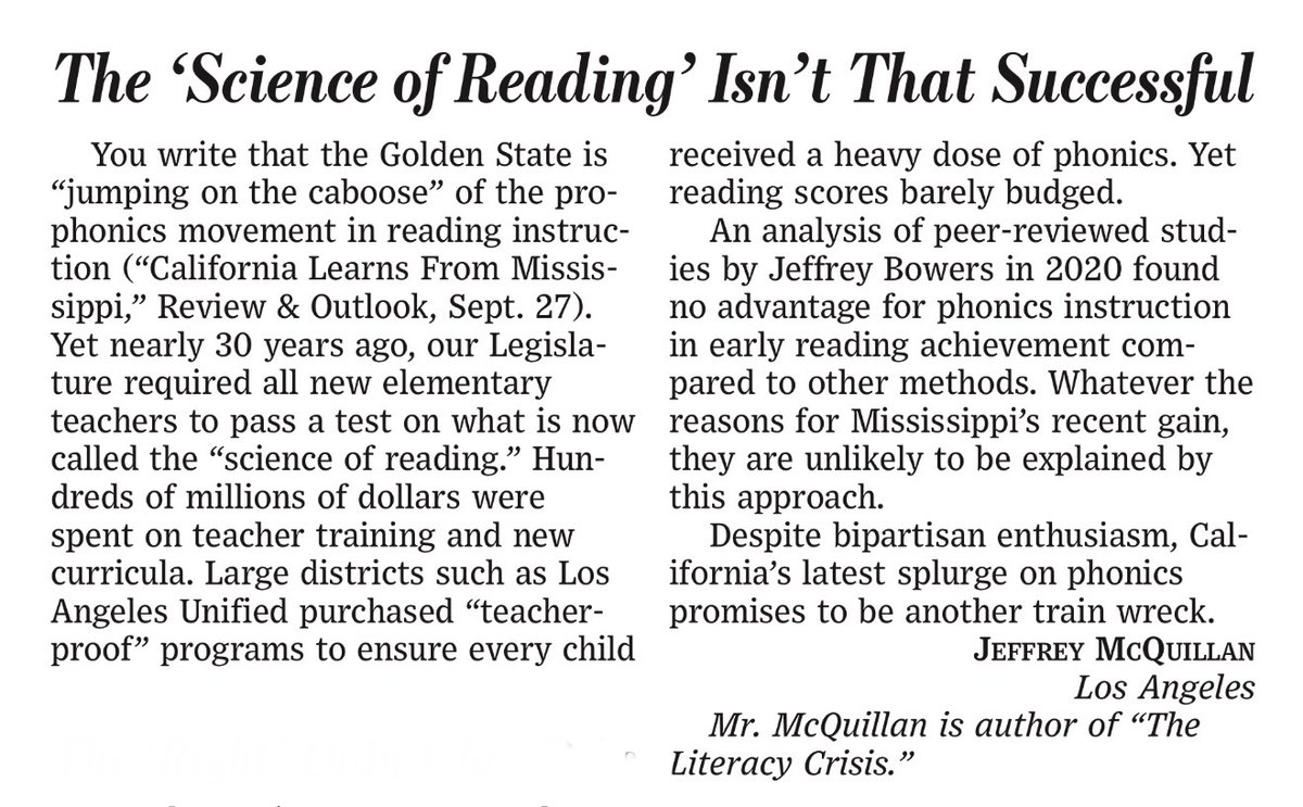 BackSeatLing's tweet photo. The Wall Street Journal recently applauded California for adopting phonics. Small problem: CA already went all in on phonics back in the 1990s—with predictably disappointing results. It's not our first phonics rodeo. 1/6
#phonics #scienceofreading https://t.co/onvjLB6mye