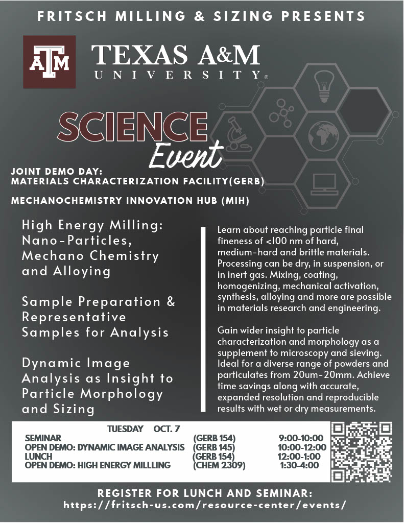 Did you know that Fritsch is hosting a Demo Day next Tuesday, October 7, at Texas A&amp;M University!

Come explore high-energy milling, sample preparation, dynamic image analysis, and more. Check out the flyer below for full details. 👇

#mechanochemistry #fritsch