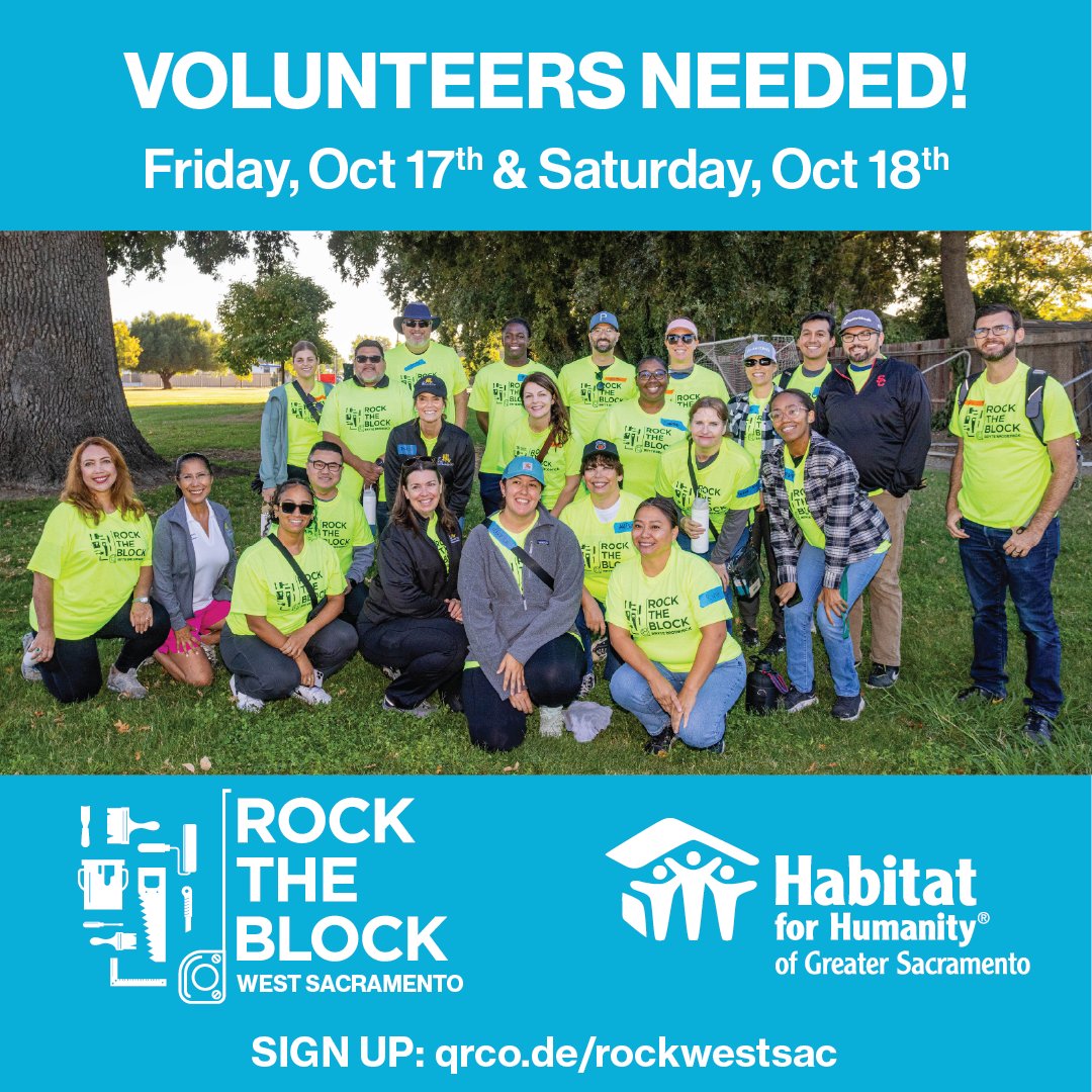 🙌 We need YOU at Rock the Block West Sacramento! 🏡✨
Join us Oct. 17–18 for two powerful days of community transformation with home repairs &amp; more! 

📅 Fri: 25 volunteers needed
📅 Sat: up to 80 welcome!

👉 Sign up: qrco.de/rockwestsac

#Volunteer #WestSacramento