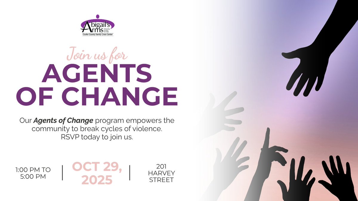 Our Agents of Change program empowers the community to break cycles of violence. RSVP today to join us.

📅 Wednesday, October 29
🕒 1–5 PM
📍 201 Harvey St., Gainesville, TX
✉️ RSVP: yknowland@abigailsarms.org

#DVAM2025 #AbigailsArms #HopeAndHealing #CommunityStrong