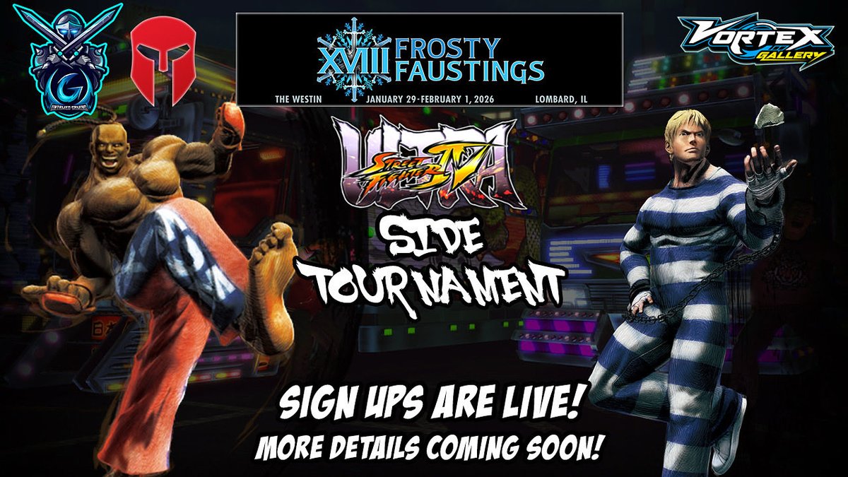 We here at Untamed Gaming will be hosting the USF4 Side Tournament at Frosty Faustings 2026! Sign ups are live and more details coming soon!

start.gg/tournament/vor…

#FrostyFaustings #USF4 #UG