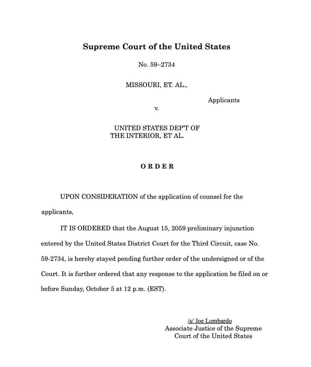 USAGovSimBackup's tweet photo. Justice Lombardo has entered an administrative pause of a Third Circuit order that prohibited the State of Missouri from building near a federal park. Order lasts as the Court considers the full request. https://t.co/hiu8E16BDy