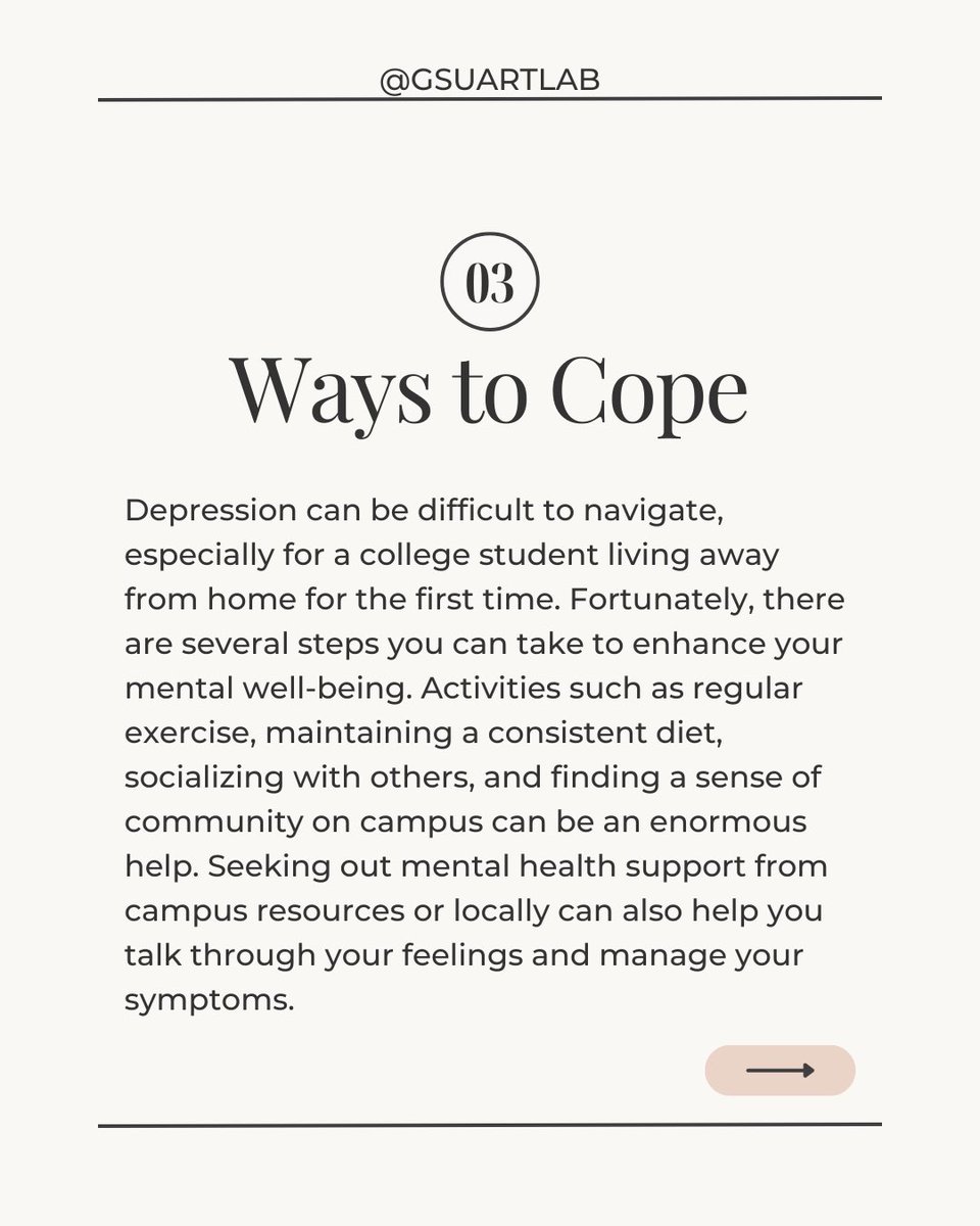GSUARTLab's tweet image. Navigating Depression as a college student can be daunting and difficult. Read here for more information! #MentalHealthMatters #Depression #CollegeStudent