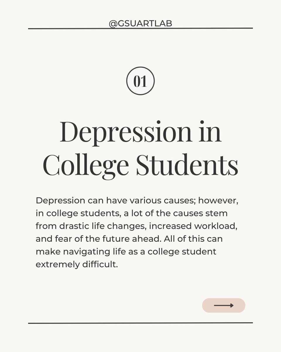 GSUARTLab's tweet image. Navigating Depression as a college student can be daunting and difficult. Read here for more information! #MentalHealthMatters #Depression #CollegeStudent