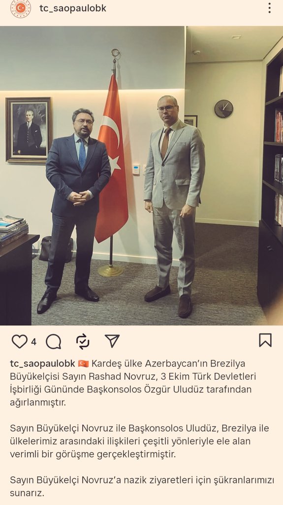 3 oktyabr - Türkdilli Ölkələrinin Əməkdaşlıq Günündə belə bir gözəl təsadüf. San Paulo əyalətinə səfərim zamanı qardaş Türkiyənin Baş Konsulluğunu ziyarət etdim və baş konsul c-b Özgür Uludüz ilə maraqlı görüş keçirtdim.