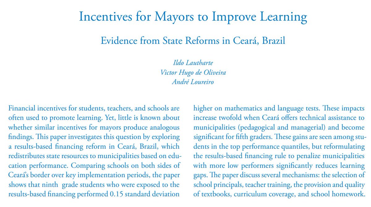 DaveEvansPhD's tweet photo. One of Ceará's (Brazil) big innovations was creating sizeable incentives for mayors to boost learning *together* with informed technical support for how to do that. https://t.co/QXwPQx1mWo https://t.co/5y1wPsYDga