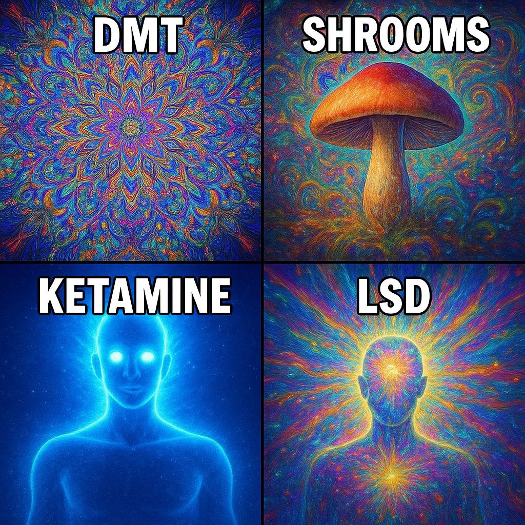 Tripepsych's tweet image. One molecule can change how you see reality 🌌🍄💙🎨
Here’s your weekend guide to psychedelics 👇 #Psychedelics #NeuroScience