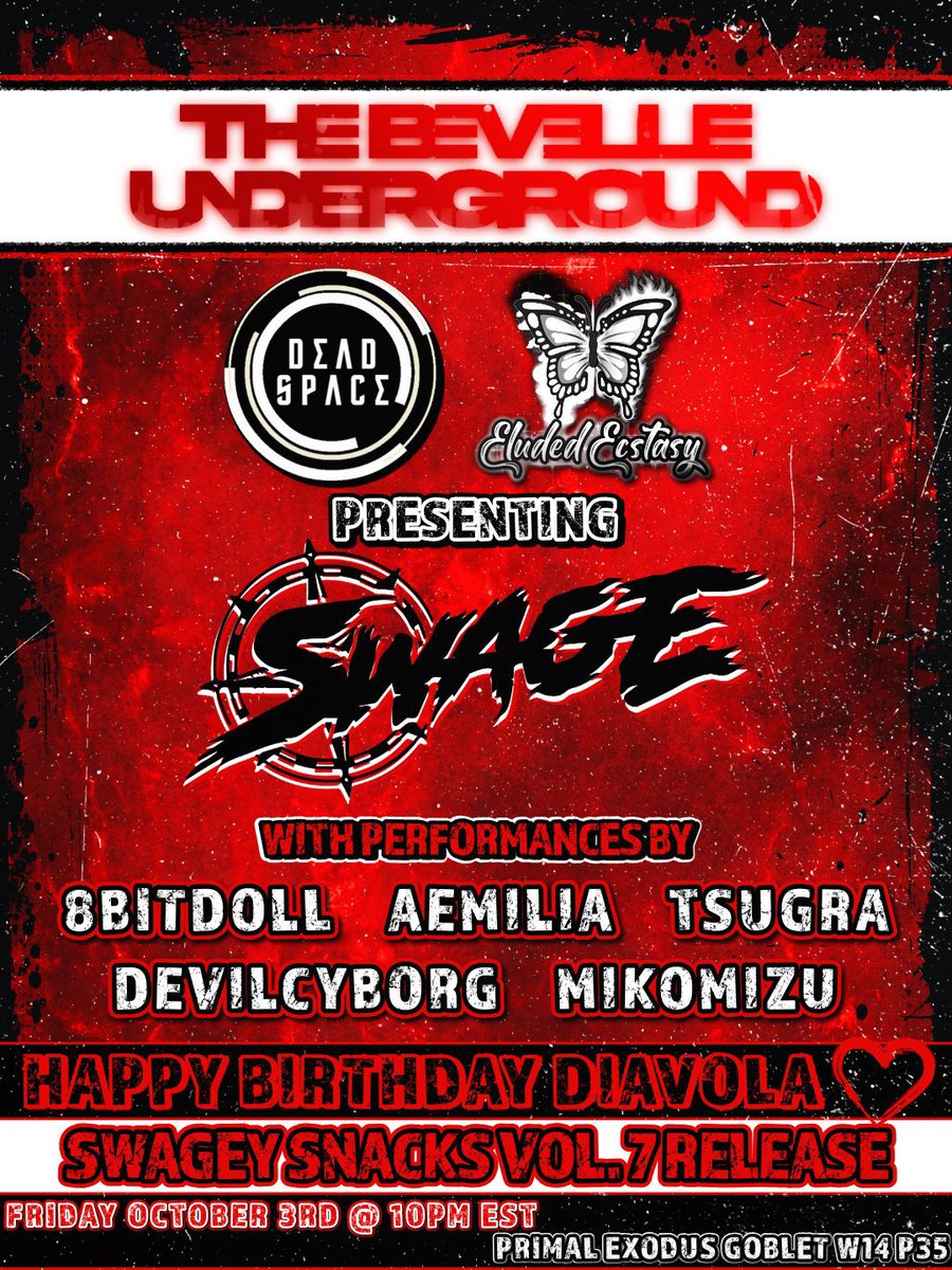 Celebrating <a href="/DiavolaXIV/">Diavola 🖤</a> bday tonight at TBU with our friends from Eluded Ecstasy and Deadspace! Lots of friends getting down tonight! 8Bitdoll <a href="/AemiliaSatella/">Aemilia 🦋🎵 ➡️ Metamorphosis Complete</a> Tsugra Devil Cyborg and Miko Mizu!

Swagey Snacks 7 and Catgirl Swage candle drops!