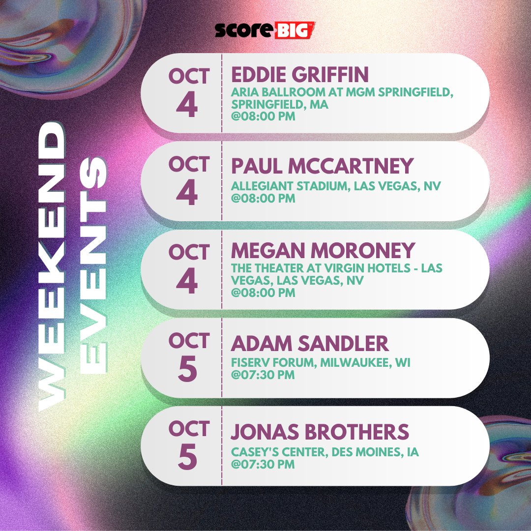 ScoreBig's tweet image. October’s first weekend is here! 🍂
Time to make plans, grab your seat, and let the good times roll 🎶🕺
Find your ticket now on ScoreBig! 

#events #concerts #tickets #weekend #weekendevents #fun #funevents
