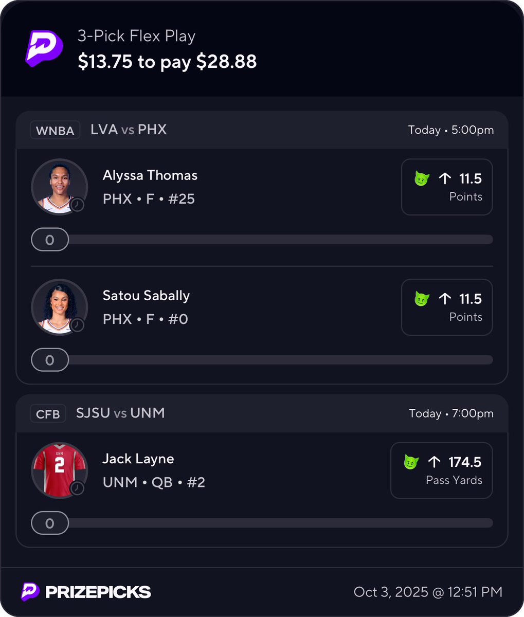 wryce2x's tweet photo. Las Vegas Aces VS Phoenix Mercury 
&amp;
San Jose State VS New Mexico Lobos

PrizePicks 3-Pick Flex Friday Play 💪🏼

Alyssa Thomas o 11.5 PTS
Satou Sabally o 11.5 PTS
Jack Layne o 174.5 Pass YDS

🔒🔒🔒 https://t.co/9Dxw70XaCV
