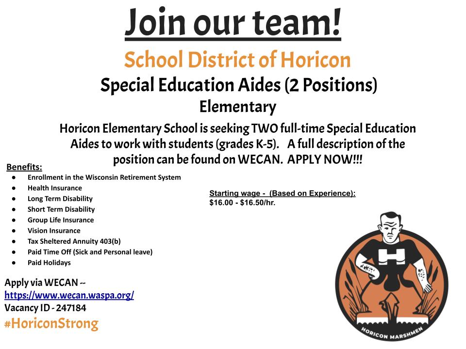 🚨 Dream job alert! 🚨 Love working with kids? We’re looking for TWO rockstar Special Education Aides to join our Horicon team! Apply today!