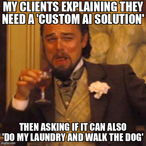 virtuoone's tweet image. Okay, so you want a custom AI solution... and while you&apos;re at it, can it handle my to-do list too? 🤣 #AISolutions #AIProblems #ClientLife #TechHumor #ArtificialIntelligence #DreamBig