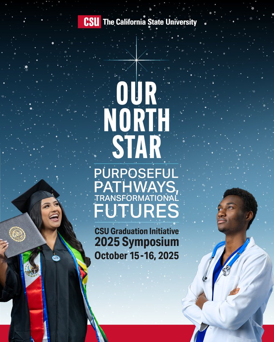 calstate's tweet image. Registration for the final CSU Graduation Initiative 2025 Symposium is now available! 🎓Join us to celebrate student success efforts from across the #CalState system. 

Register for the #GradInitiative2025 livestream: bit.ly/46JxgBC