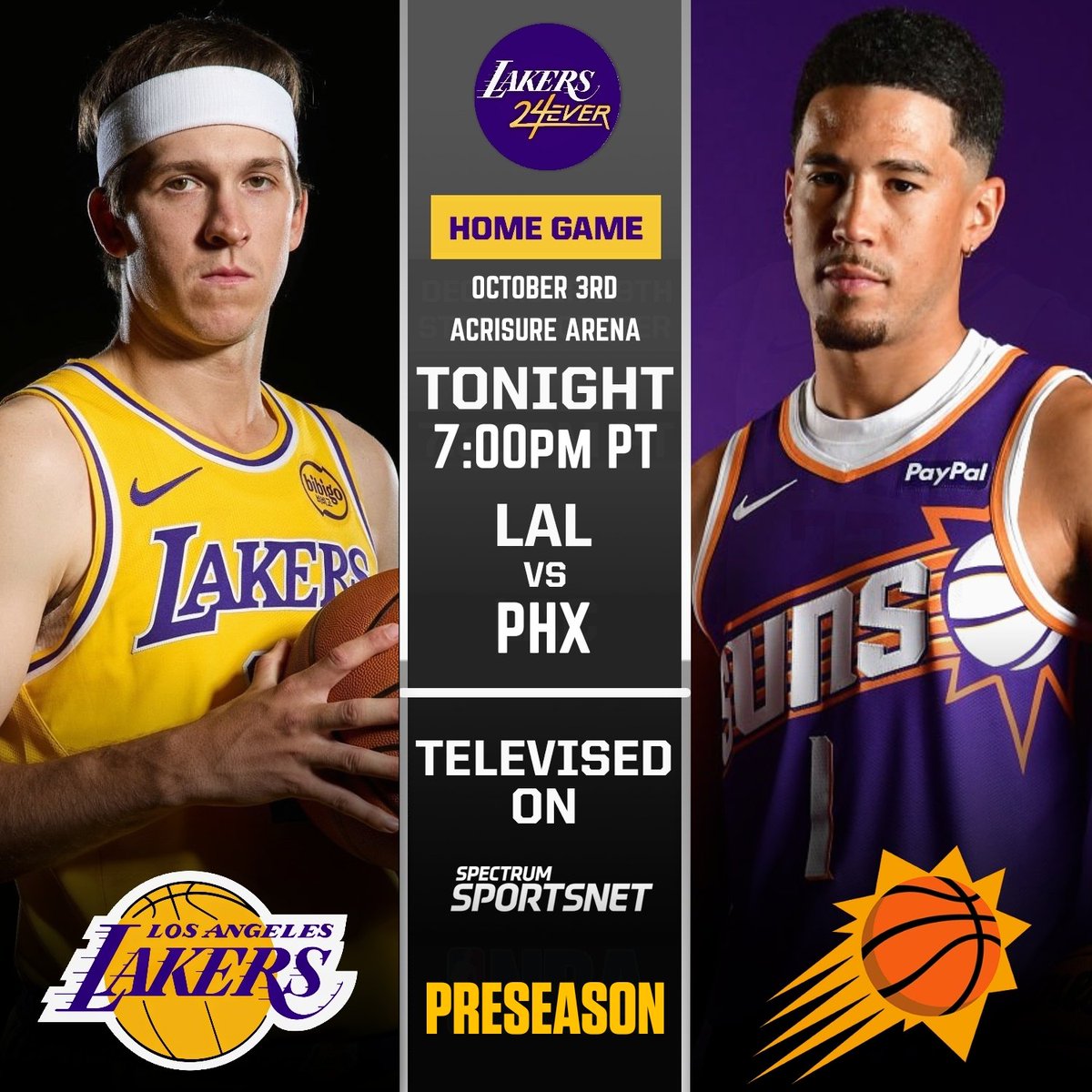 Lakers24Ever's tweet photo. GAMEDAY: Lakers vs Suns

James, Dončić, Smart, Kleber, &amp; Thiero will not play. https://t.co/9lkL3AvkgR