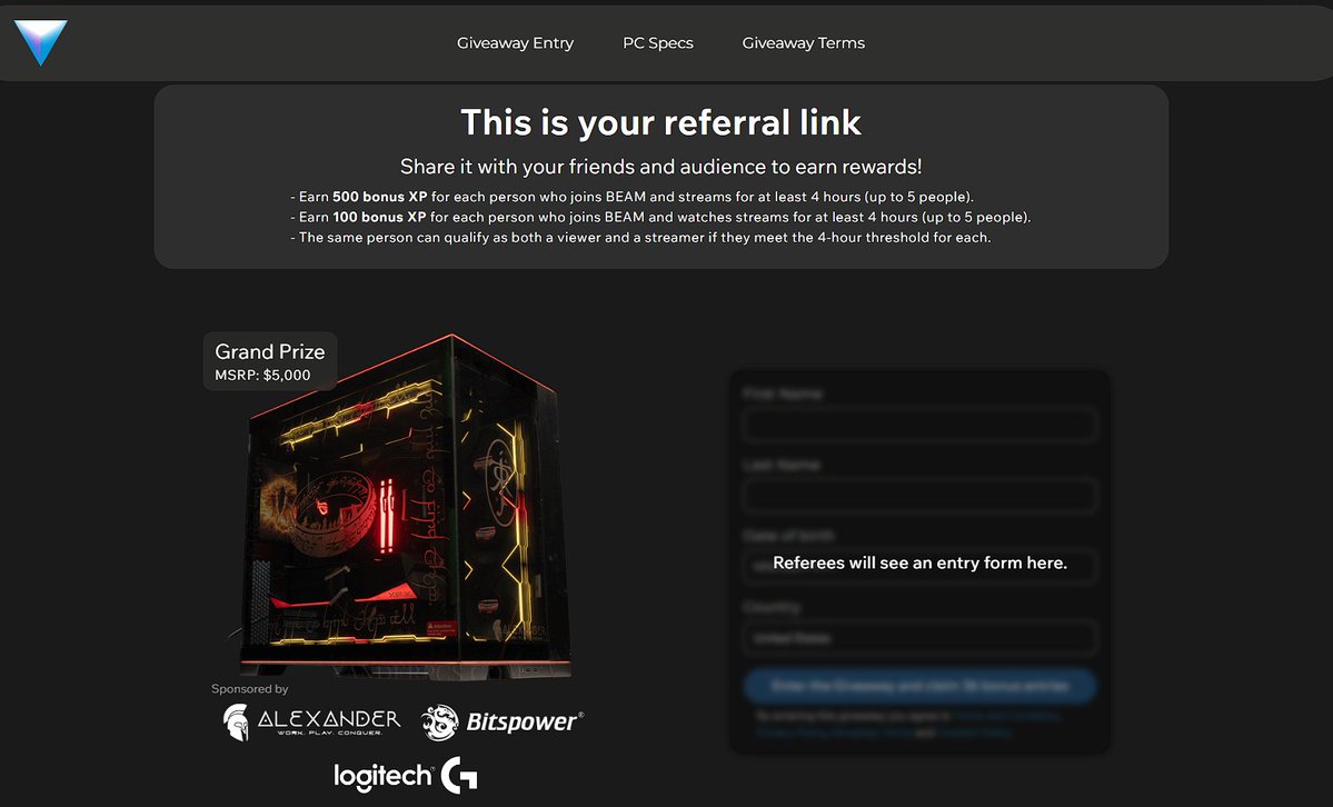 syfy88man Game Channel STO Unleashed &amp; BEAM PC Give Away

BEAM PC Giveaway

This is your referral link

The same person can qualify as both a viewer and a streamer if they meet the 4-hour threshold for each. <a href="/BEAMStreamGG/">BEAM</a> , <a href="/AlexanderPCS/">Alexander PCs</a>  
patreon.com/posts/syfy88ma…