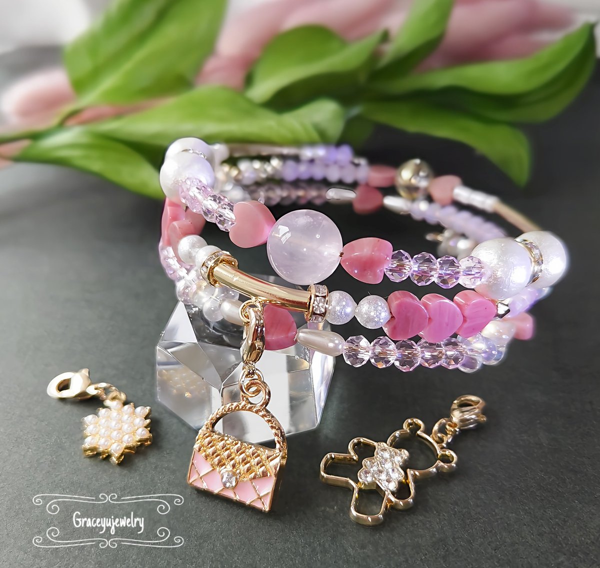 ▣ラスト1点 【天然石】ピンク♦招き猫(陶器)×ロードナイト×ローズクオーツ♦③ ▣ラスト1点 【天然石】ピンク♢招き猫(陶器)×ロードナイト