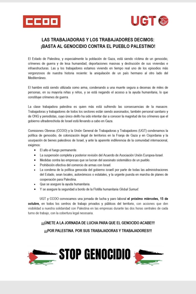 Como es de esperar,el día 15 de octubre, ESPAÑA PARA ! 
LOS POLICÍAS👮‍♀️👮‍♂️TAMBIÉN DESEAMOS SE PONGA FÍN A TANTA BARBARIE. Nos adherimos como trabajadores-as a que se frene el GENOCIDIO QUE SE COMETE EN PALESTINA !
