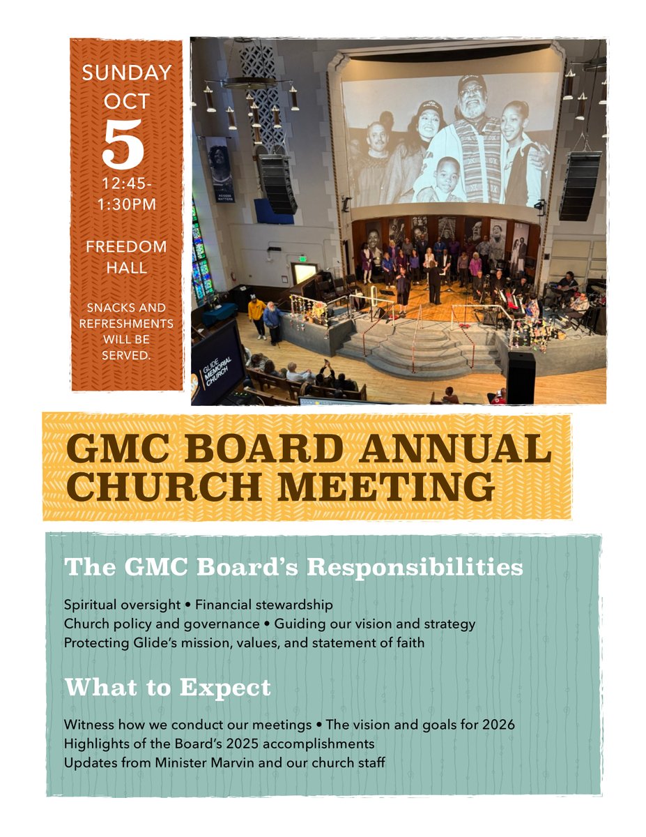 GlideChurch's tweet image. This Sunday, Oct 5, we gather in Freedom Hall from 12:45–1:30 pm for our Annual Church Meeting. Hear from our Board, Minister Marvin, and staff as we share highlights from 2025 and our vision for 2026. Snacks + community await you. #GlideChurch