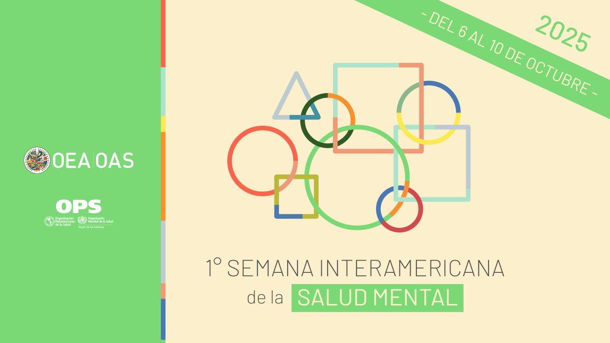 🟢 Del 6 al 10 de octubre se celebra la 1ª Semana Interamericana de la Salud Mental. 
Tema: “Empoderar, Conectar, Cuidar: Fortaleciendo la salud mental infantil y juvenil en las Américas”. 💚 

🔗oas.org/es/centro_noti…

#SaludMental #OEA
<a href="/opsoms/">OPS/OMS</a>