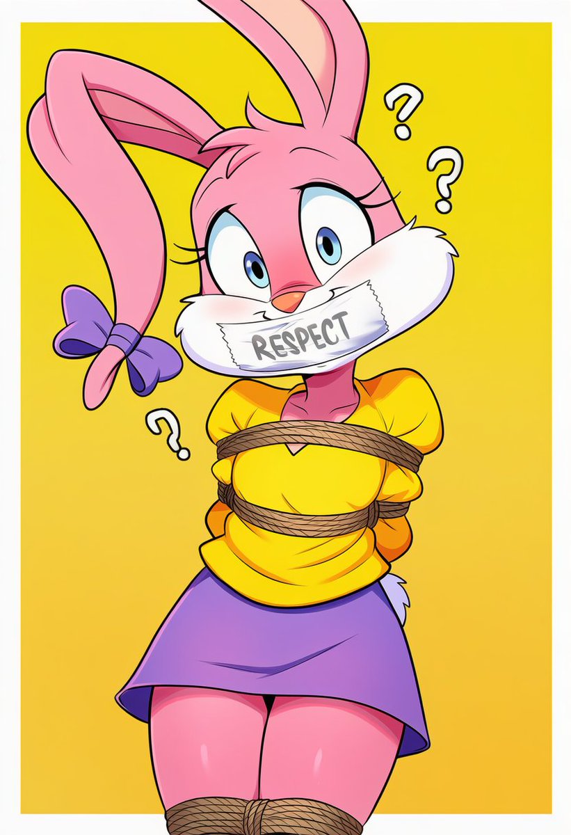 SinfulPuppeteer's tweet photo. I'm not big on furries, but I do not mind generating images from my favorite cartoons.  For Babs Bunny, NovelAI does somewhat recognize her, but as a sexualized human.  Additional tags like "furry" and "flat chest" were needed.  The "RESPECT" on her gag is a deep cut. https://t.co/0H76o2Z6h5