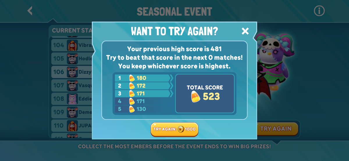 MaybeAPaul's tweet image. Hey @PlayPudgyParty !
I love this game and have my kids and their friends playing as well. However, it seems there is a glitch with the calculator for seasonal candy contest. Even when I earn a higher candy corn score, there’s message that says I have not surpassed first 3 tries