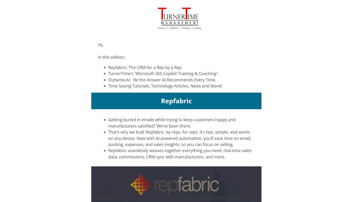TurnerTimeLLC's tweet image. TurnerTime's latest newsletter is available with free tutorials, time saving tips, technology updates, and SPECIAL OFFERS

Left click or tap this link to view it on your web browser:  mailchi.mp/ffe01750c5c2/u…

#newsletter #timesavingtips #turnertimemanagement #specialoffers
