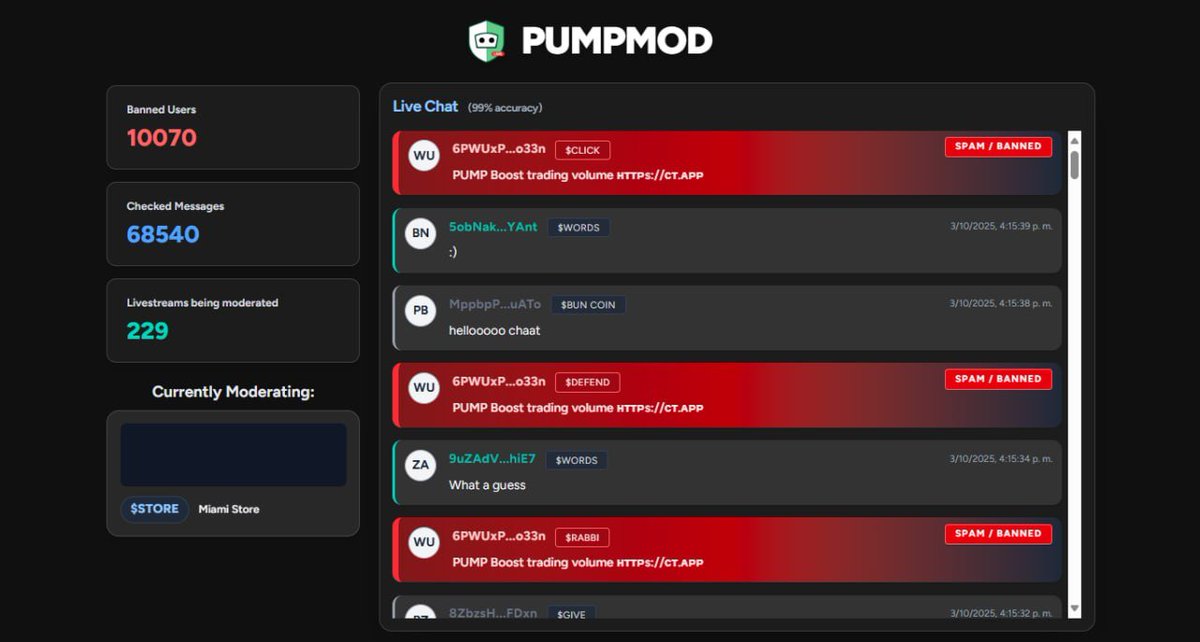 PumpMod 仪表板显示在 Pump.fun 上被封禁用户和被审核直播的统计数据