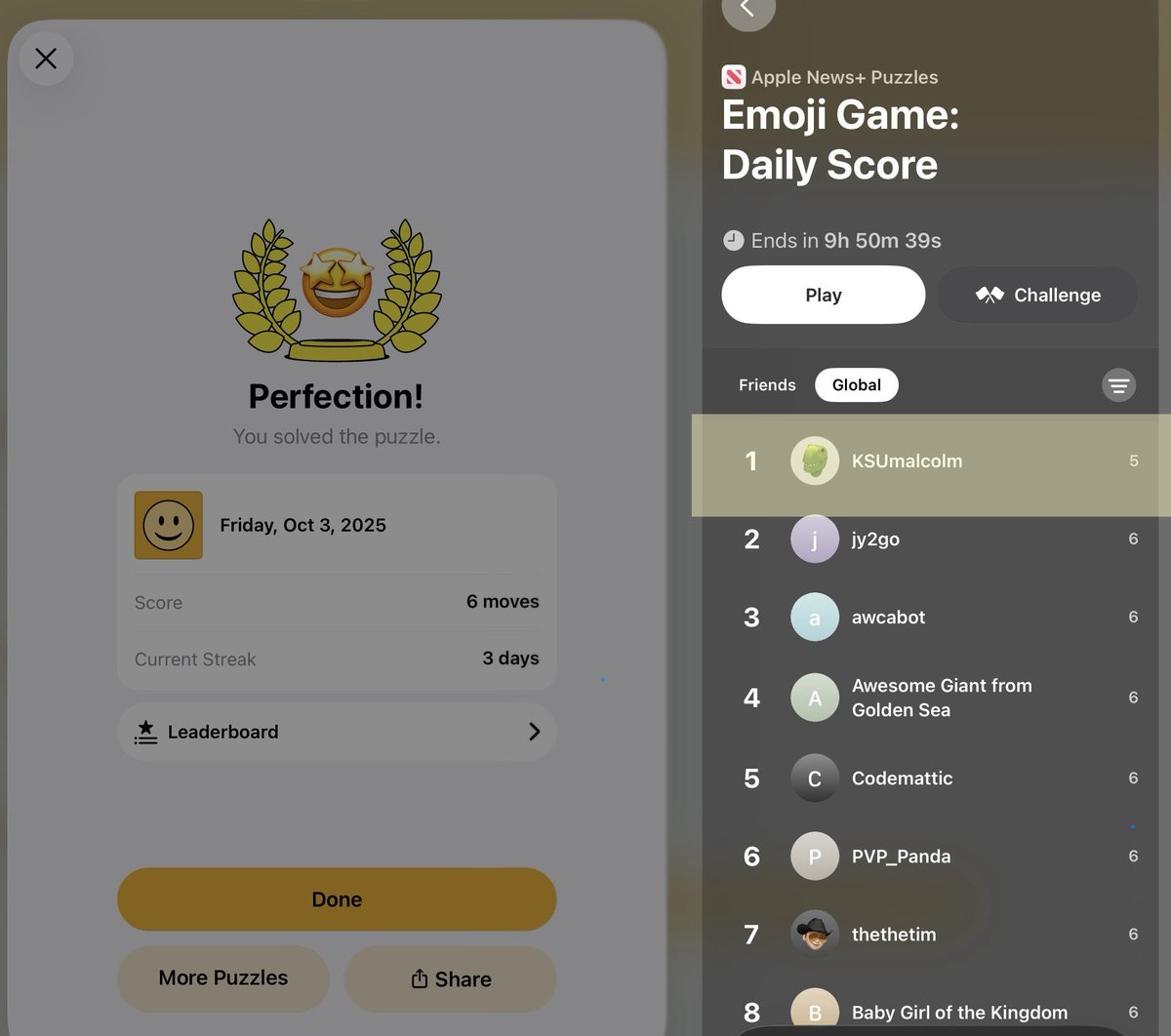 TreyJG's tweet photo. Hey @AppleNews.  I’m ashamed 🙈 to say I enjoy the Emoji game in your puzzles on a competitive level 🎯. But sadly 😭, I do. Can you explain how it’s possible to score a 5️⃣ when there are 6️⃣ emojis to place? Apparently only 1️⃣ person globally🌎 has figured it out so far. 🤔 https://t.co/Cgctf69kyO