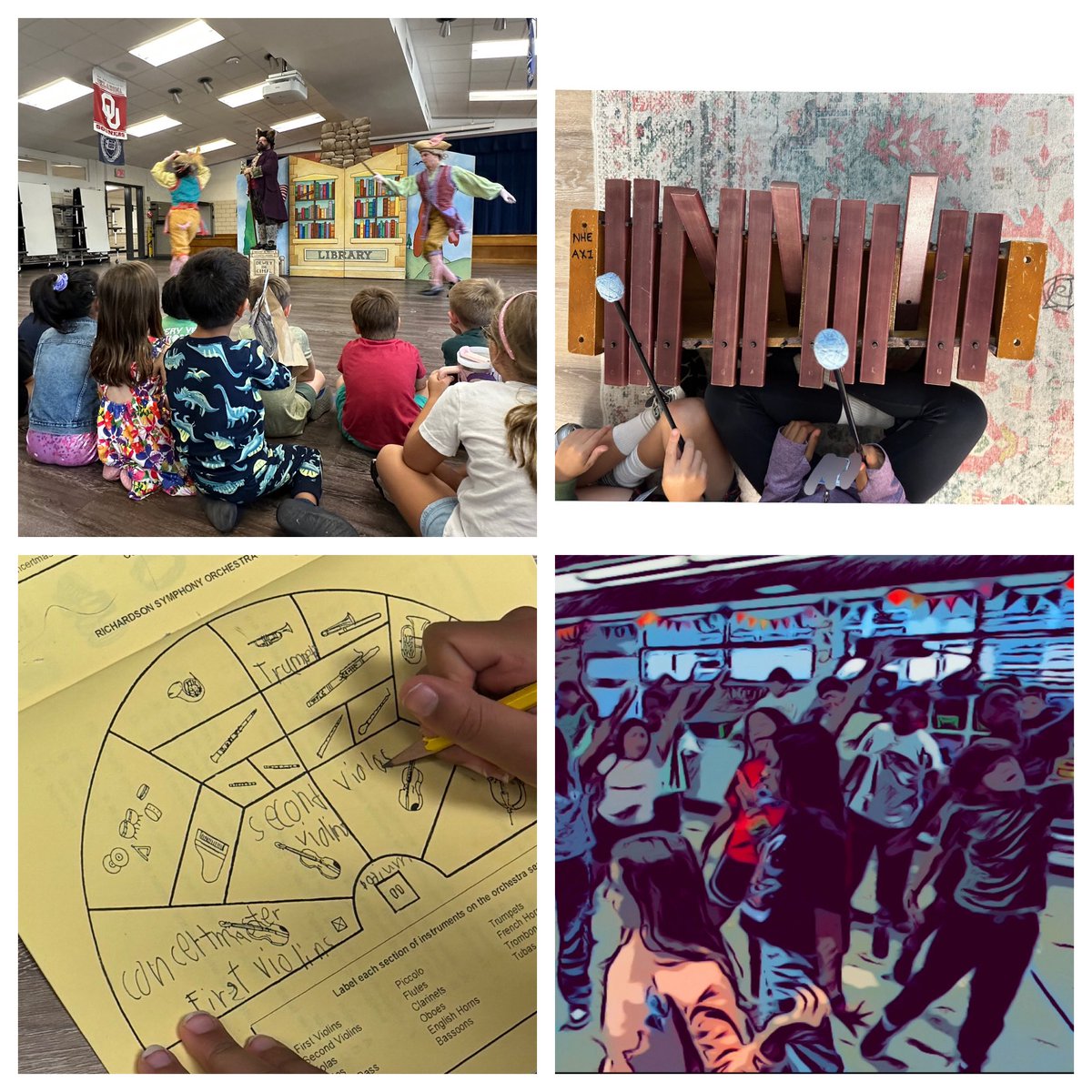Week 8: 1. A visit from Dallas Opera’s “Opera in a Suitcase”! 2. 2nd graders played xylophones. 3. 3rd grade completed a symphony orchestra seating chart🎻 4. Our choir created movement for one of our pieces. Happy Homecoming Weekend! <a href="/nherisd/">Northwood Hills Elementary</a> <a href="/RISDVPA/">Richardson ISD Visual and Performing Arts</a> #RISDDreamBig