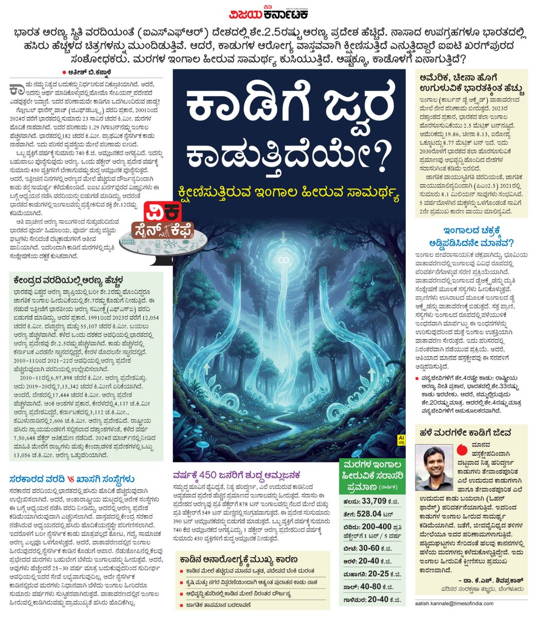 editor_vk's tweet image. ದೇಶದಲ್ಲಿ ಅರಣ್ಯ ಪ್ರದೇಶ ಹೆಚ್ಚಿದೆ ಎಂದು ಸರಕಾರಿ ವರದಿ ಹೇಳಿದರೆ,ಕಾಡುಗಳ ಆರೋಗ್ಯ ಕ್ಷೀಣಿಸುತ್ತಿದೆ ಎನ್ನುತ್ತಿದ್ದಾರೆ ಐಐಟಿ ಖರಗ್‌ಪುರದ ಸಂಶೋಧಕರು. ಮರಗಳ ಇಂಗಾಲ ಹೀರುವ ಸಾಮರ್ಥ್ಯ ಕುಸಿಯುತ್ತಿದೆ. ಅಷ್ಟಕ್ಕೂ, ಕಾಡೊಳಗೆ ಏನಾಗುತ್ತಿದೆ ?
#ವಿಕಫೋಕಸ್ @Vijaykarnataka @Sudarshanvk2 
@AragaRaviVK @aatishVK @kolgarkeerthi