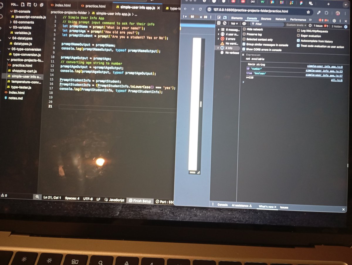 codex_kev's tweet image. Built a simple user info app during my first dive into JavaScript✅
I made use of let for reassignment, prompt to get user input, and typeof operator to show data types. Whatever you type in outputs its type directly
And it felt great to try something new 🙌🏾 #WebDev #JavaScript