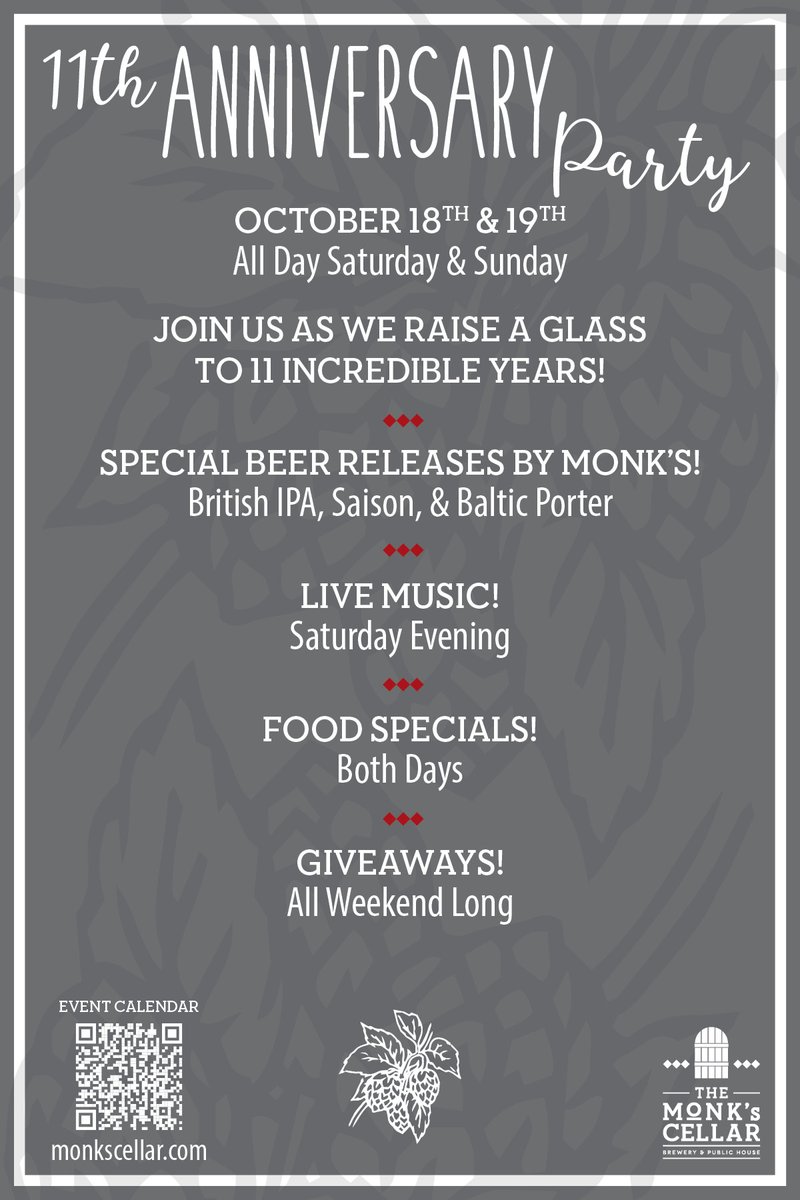 Monk's is turning 11, we're throwing a 2-day party, &amp; you're all invited! It's been a big year for our little brewpub in Roseville... monkscellar.com/roseville-down…