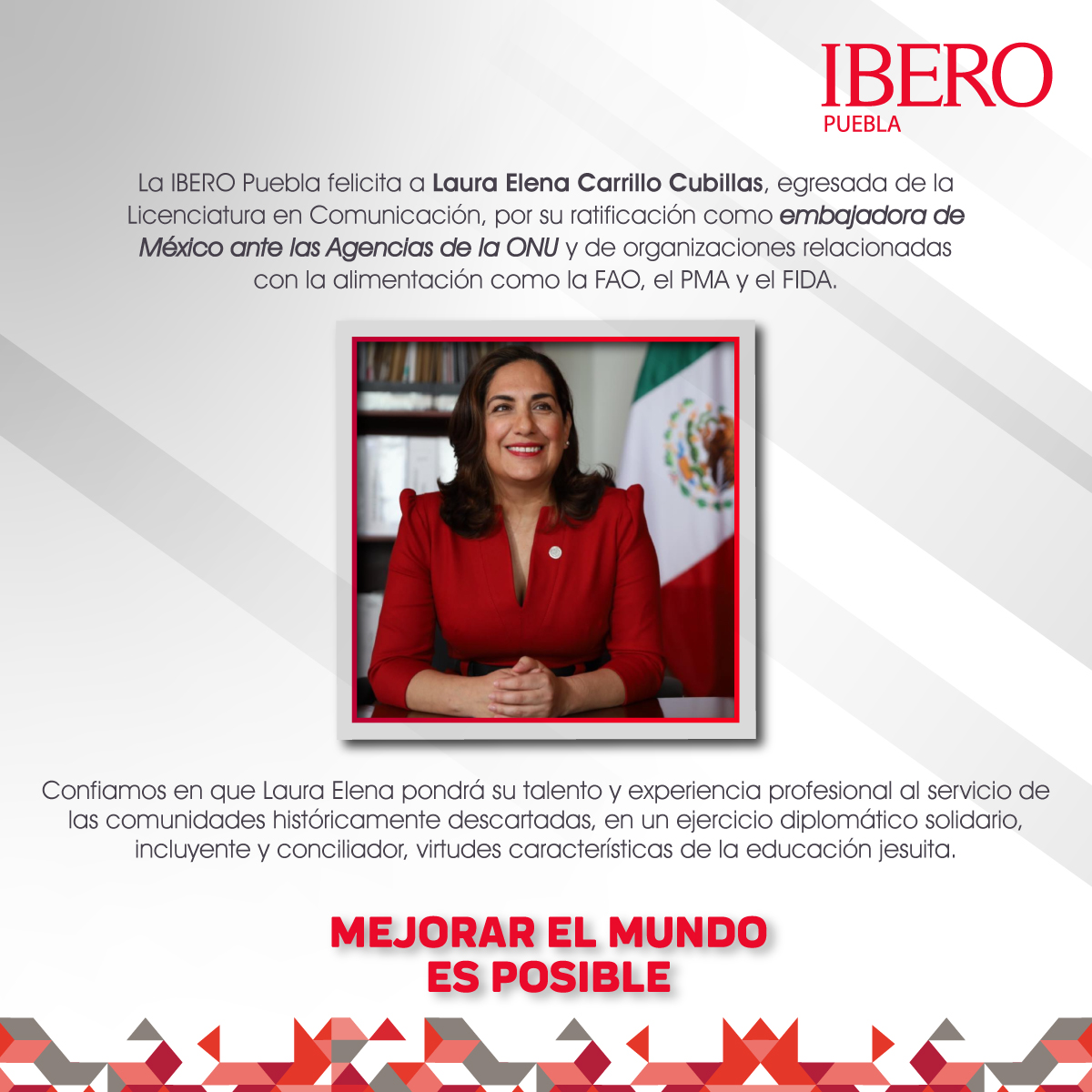 La IBERO Puebla felicita a Laura Elena Carrillo Cubillas, egresada de la Licenciatura en Comunicación y exprofesora de asignatura de nuestra Casa de Estudios, por su ratificación como embajadora de México ante diversos organismos internacionales.

#OrgulloIBEROPuebla