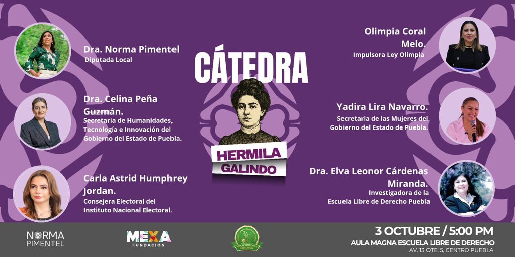 ♀️En homenaje a Hermila Galindo, pionera del feminismo en nuestro país, hoy a las 17:00h participaré en la #CátedraHermilaGalindo en la #EscuelaLibredeDerecho, #Puebla. Gracias por la invitación 💜💚 <a href="/NormaPimentelMX/">Dra. Norma Pimentel</a>.  Síguelo en: ➡️youtube.com/live/_W1ewKC6V…