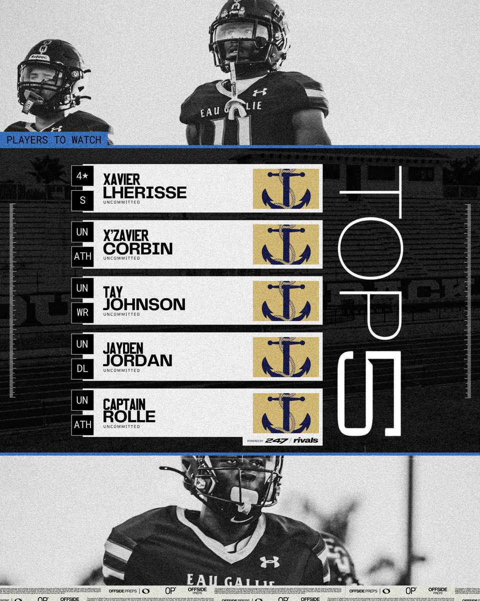 OFFSIDE Preps® 𝐏𝐥𝐚𝐲𝐞𝐫𝐬 𝐭𝐨 𝐖𝐚𝐭𝐜𝐡 🫡

These prospects are ones to watch tonight as we cover the Week Seven matchup between Trinity Catholic (<a href="/TCCelticsFB/">Trinity Catholic Celtics Football</a>) &amp; Eau Gallie (<a href="/EGCommodores/">Eau Gallie High School</a>)

<a href="/cschofield110/">Carter Schofield</a> <a href="/JosephDeriso3/">Joseph (Joey) Deriso</a> <a href="/XavierXEL11/">Xavier Lherisse</a> <a href="/Taynextup1234/">Tay Johnson</a> <a href="/Jayden_Jordan13/">Jayden Jordan</a>