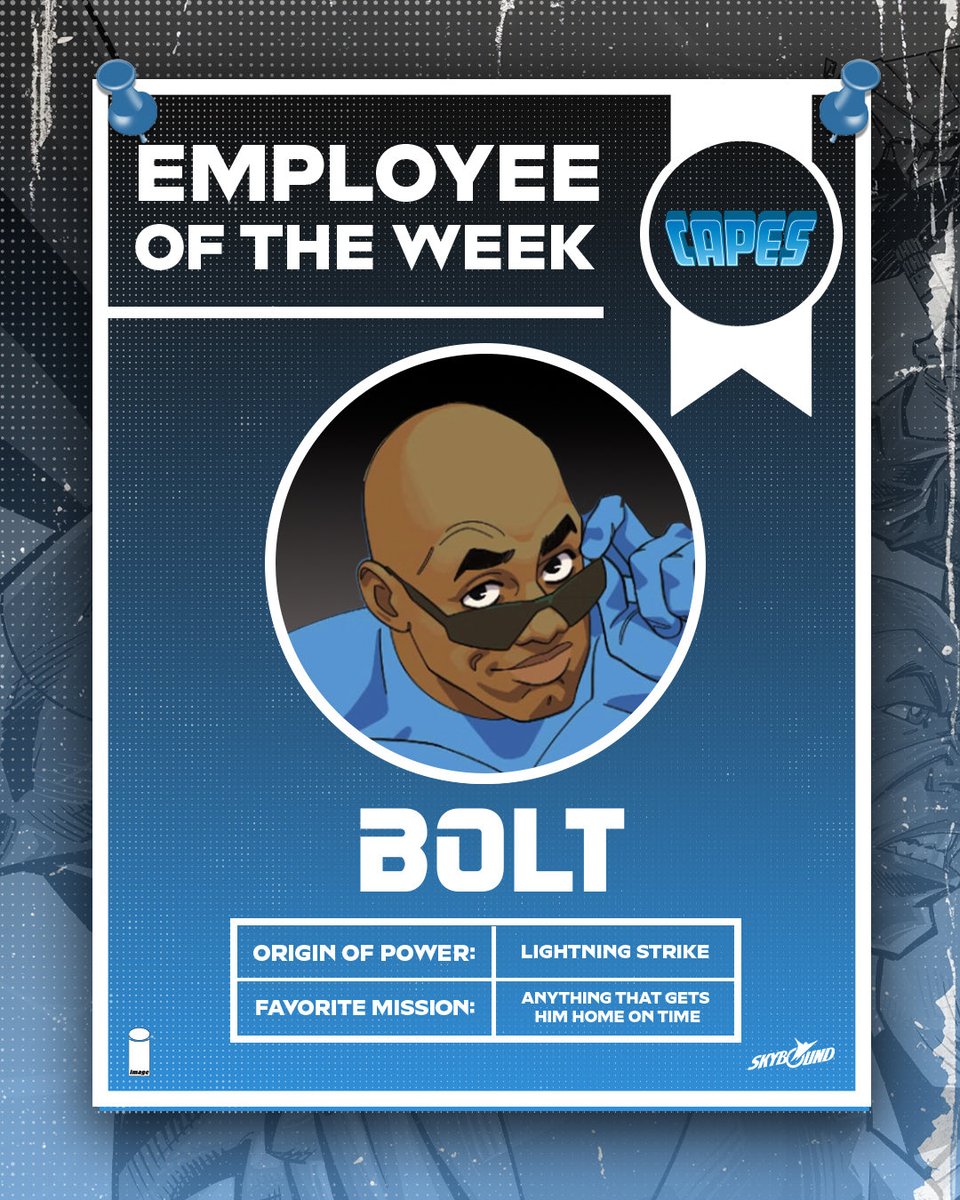Skybound's tweet photo. Capes Inc has decided to recognize our amazing superhero employees each week as a way to boost morale, so who else better to start with than BOLT!

Pre-order CAPES #1 now at your local comic shop and get ready to explore the most unpredictable corner of the Invincible Universe! https://t.co/hAeGfDPn80