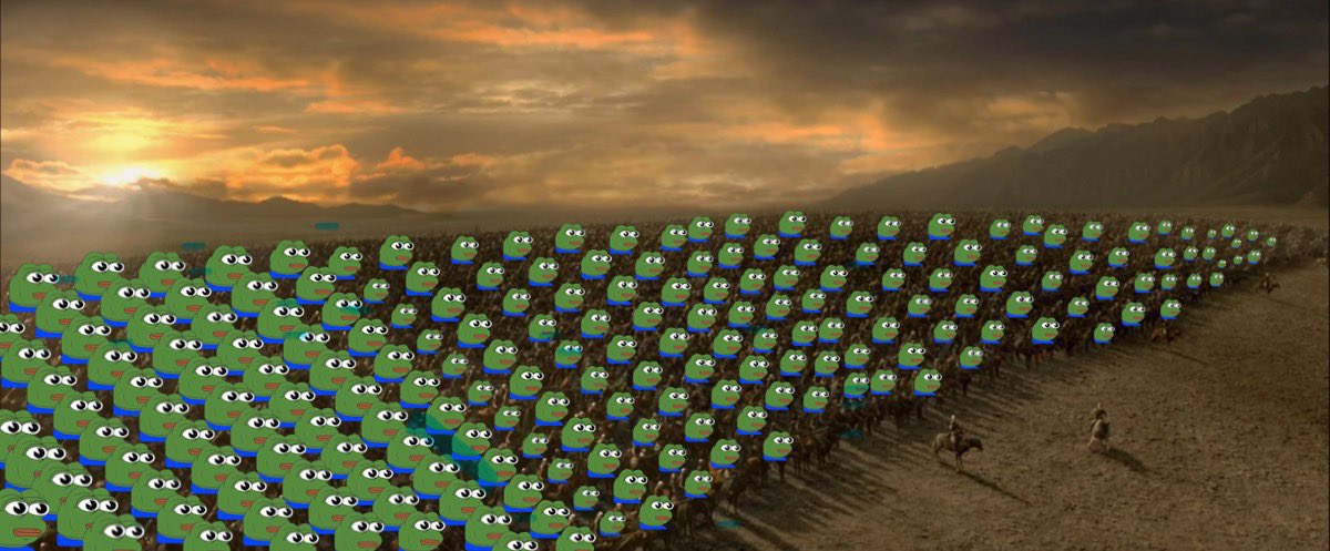 一队佩佩蛙表情包在战场场景中，象征 Solana 上的 meme 币社区