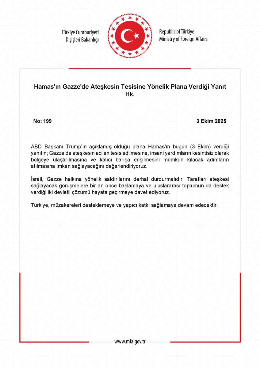 Hamas'ın Gazze'de Ateşkesin Tesisine Yönelik Plana Verdiği Yanıt Hk. mfa.gov.tr/no_-199_-hamas…